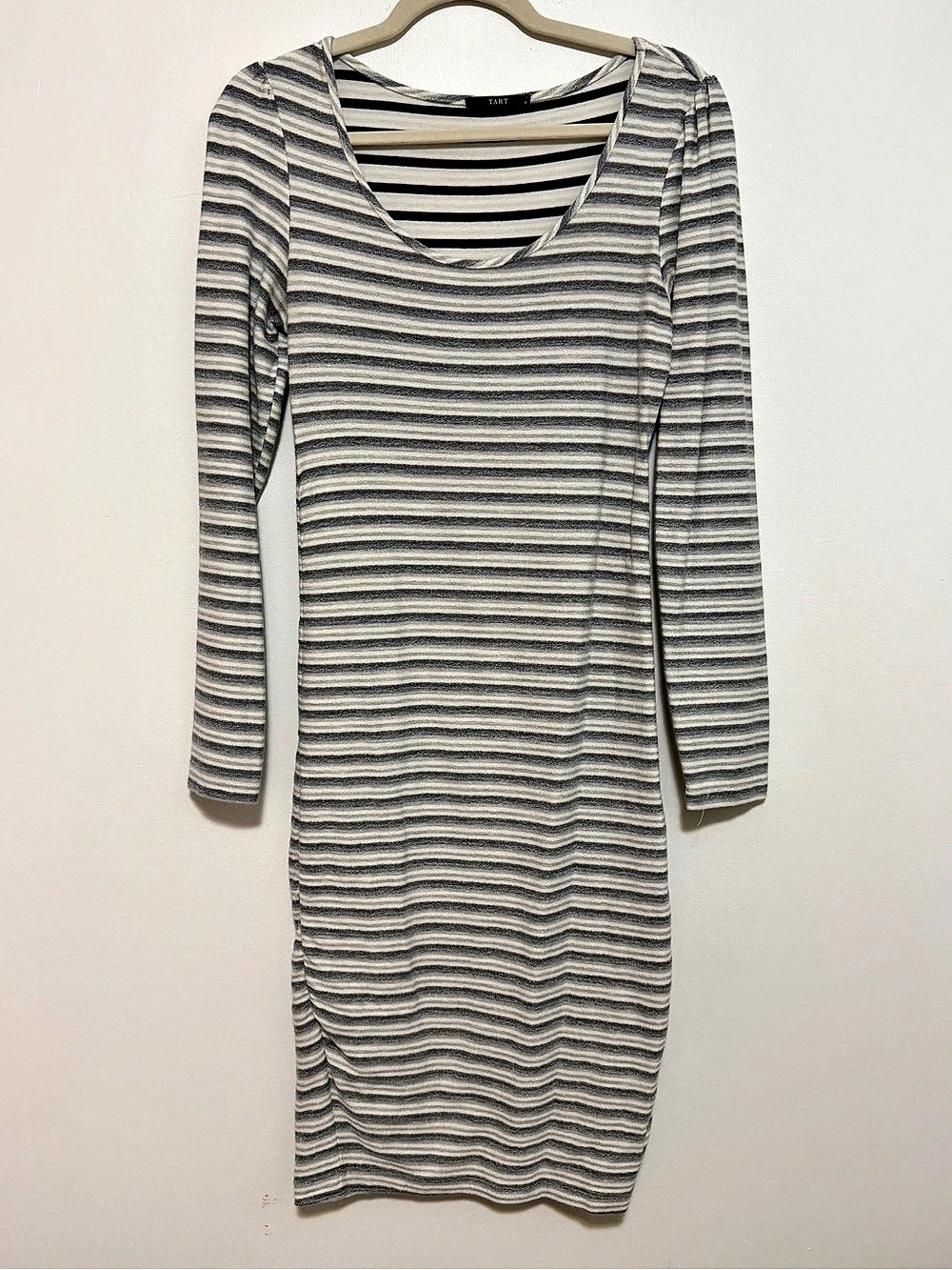 Tart Gray Ivory Striped Long Sleeve Ruched Bodycon Midi Dress Size